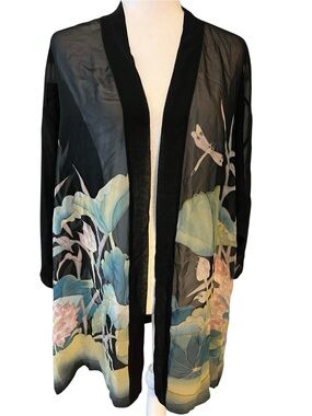 Sheer Black Kimono Jacket with Pastel Waterlily Motif